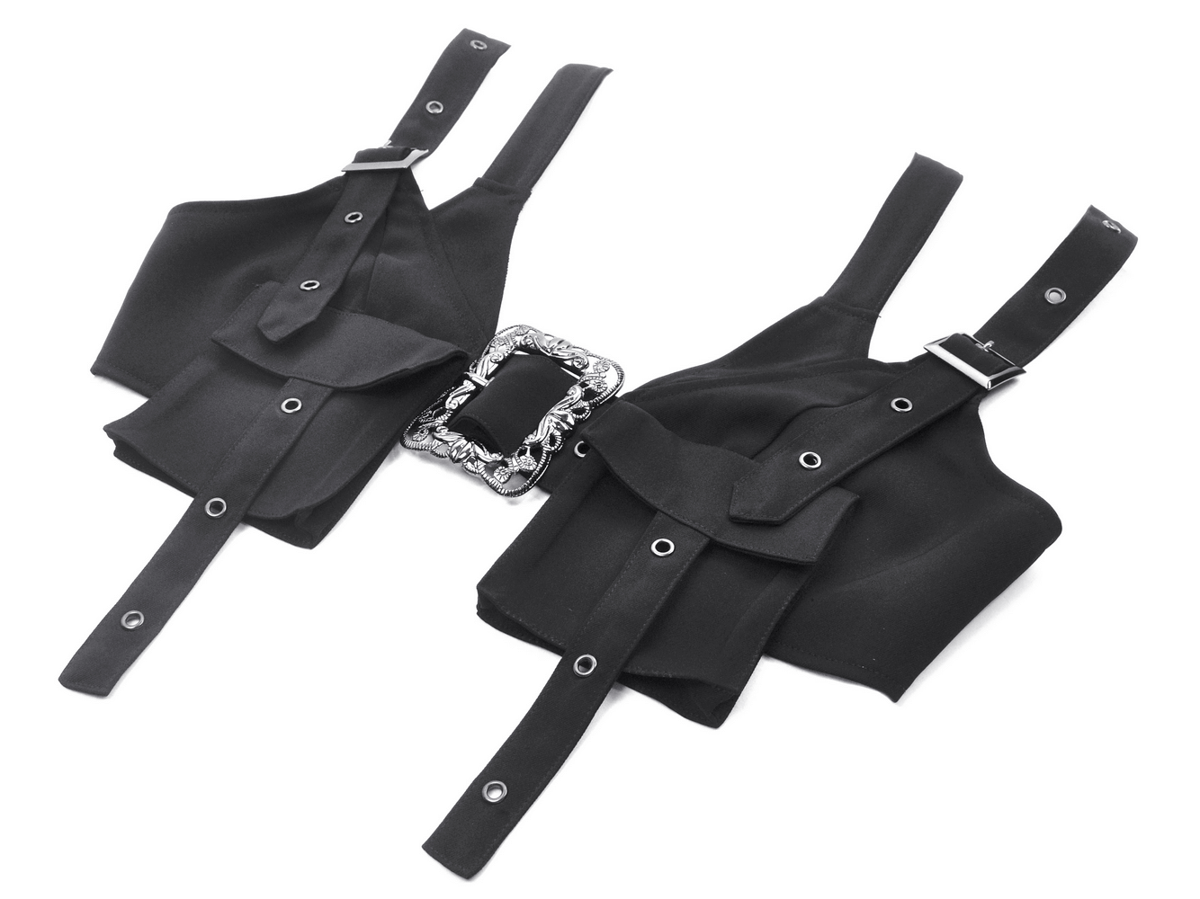 Black Gothic Crop Top with Buckles and Ornate Metal Detail