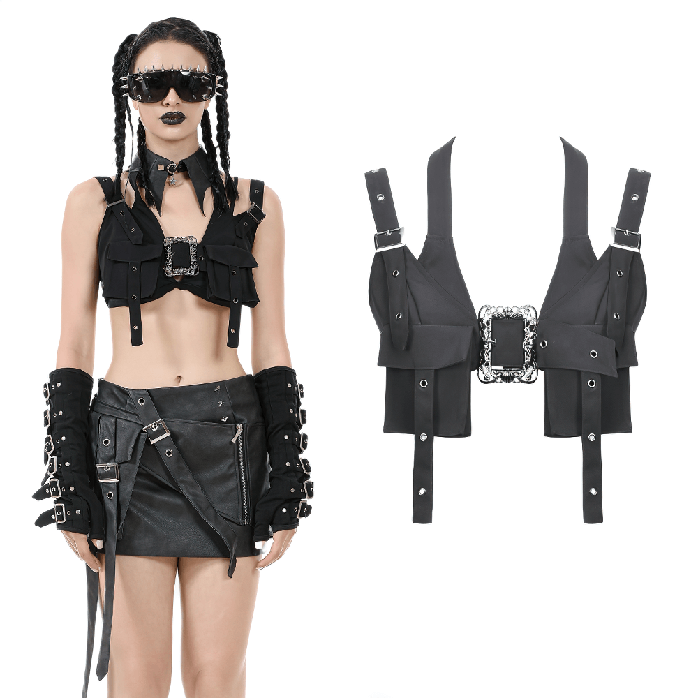 Black Gothic Crop Top with Buckles and Ornate Metal Detail