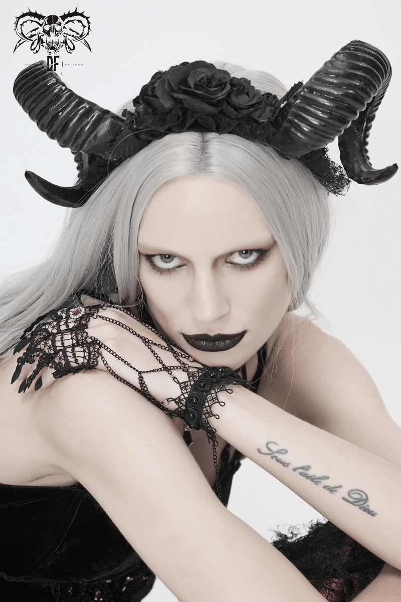 Black Gothic Devil Horn Headdress / Women's Hair Accessories with Roses