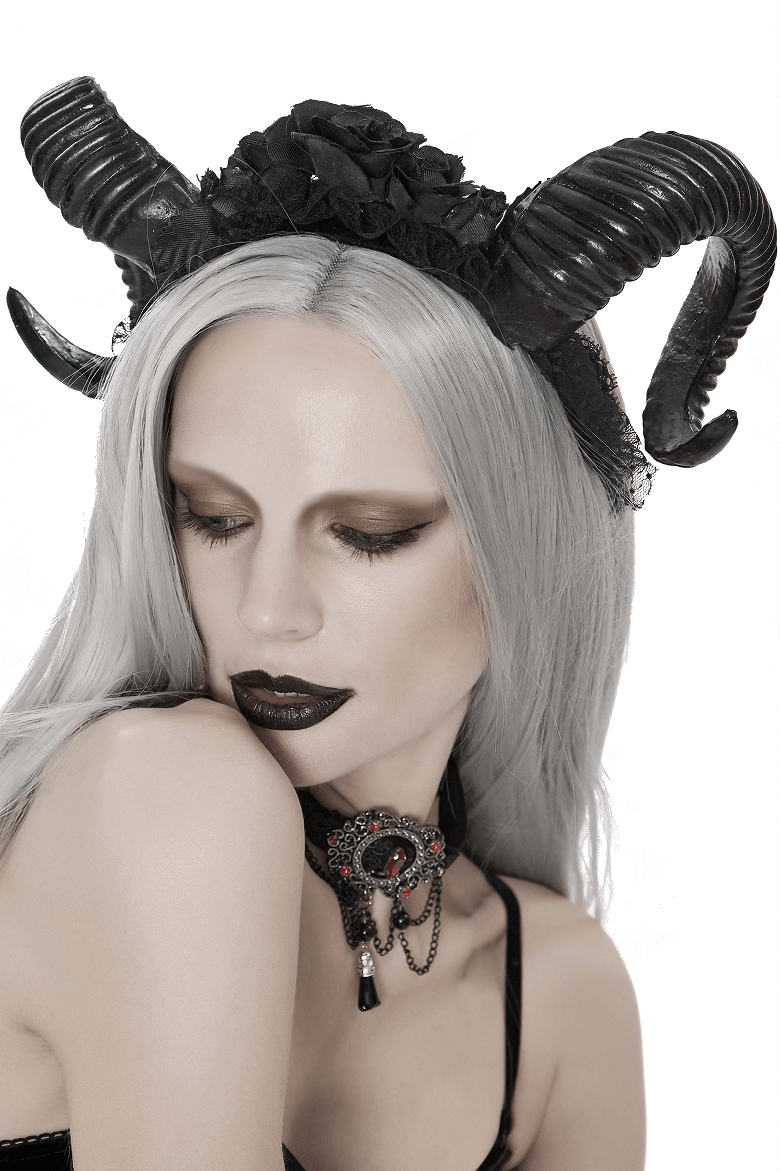 Black Gothic Devil Horn Headdress / Women's Hair Accessories with Roses
