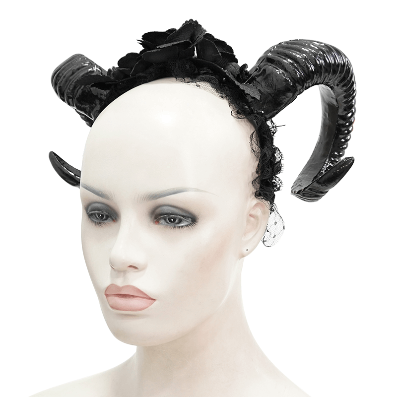 Black Gothic Devil Horn Headdress / Women's Hair Accessories with Roses