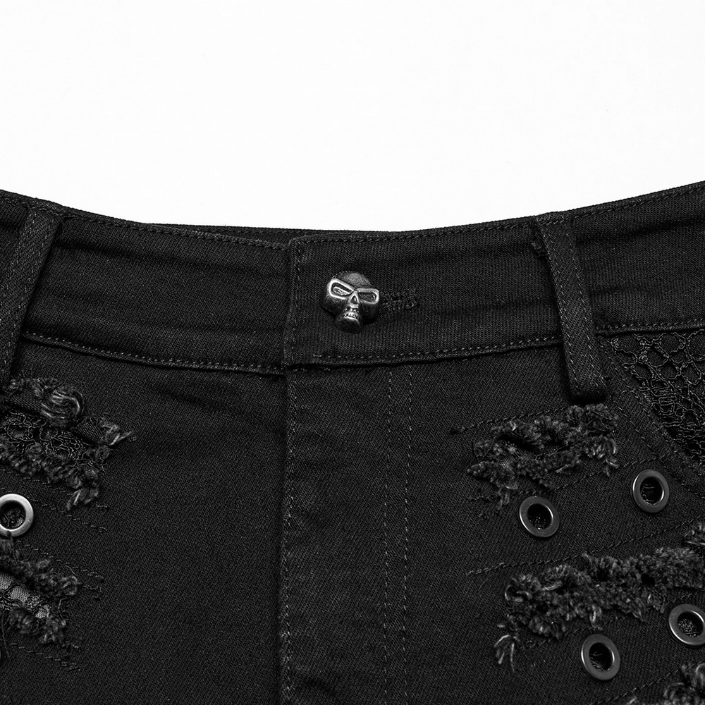 Black Gothic Distressed Denim Shorts with Eyelets