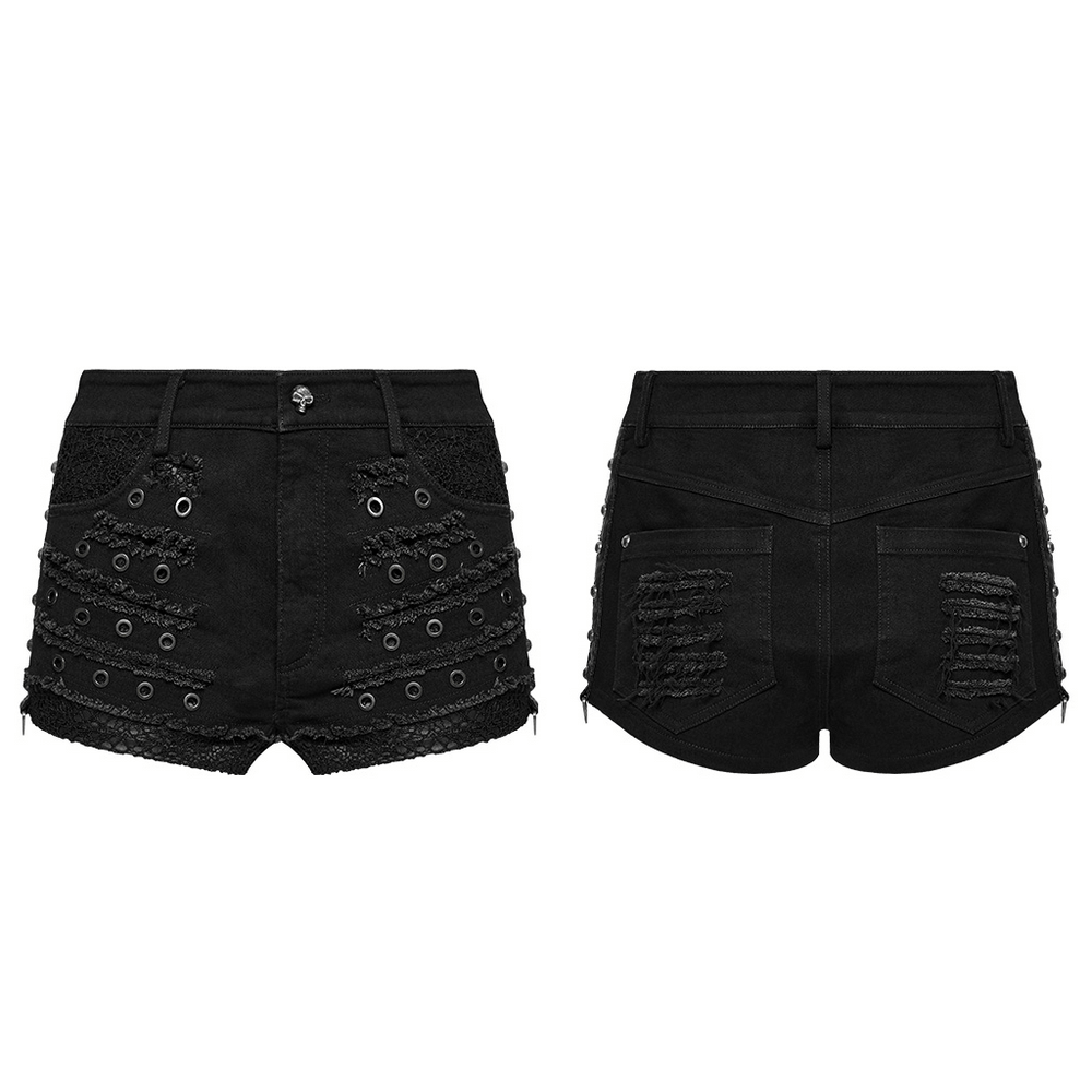 Black Gothic Distressed Denim Shorts with Eyelets