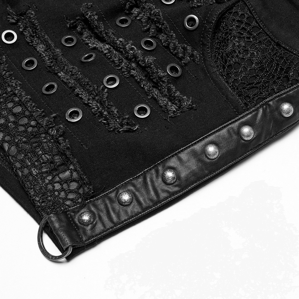 Black Gothic Distressed Denim Shorts with Eyelets