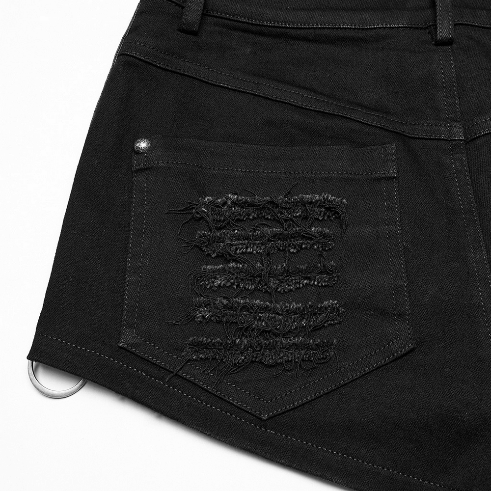 Black Gothic Distressed Denim Shorts with Eyelets