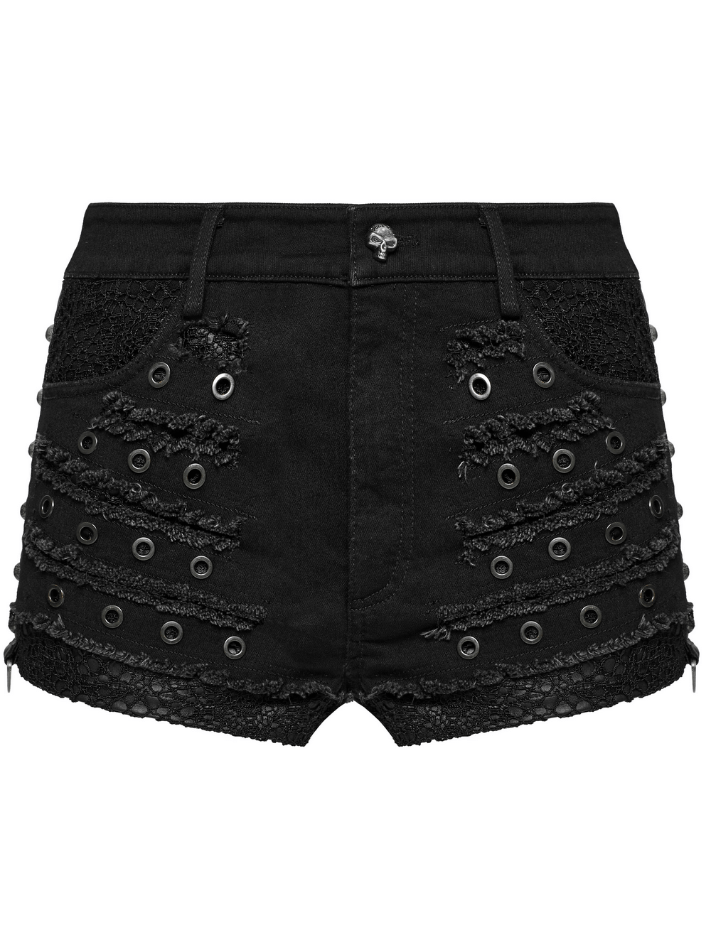 Black Gothic Distressed Denim Shorts with Eyelets