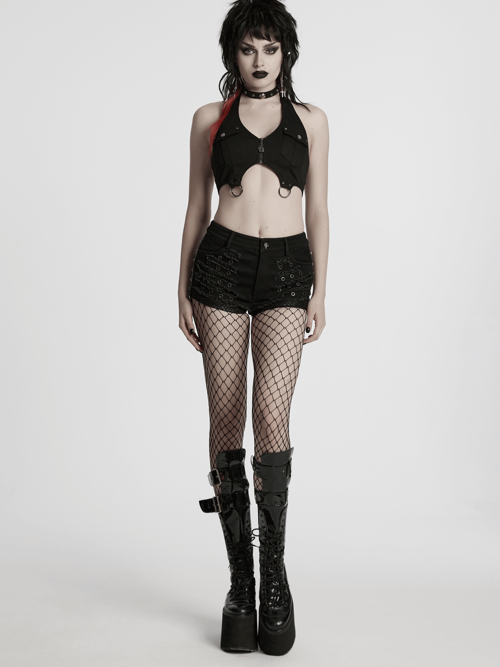 Black Gothic Distressed Denim Shorts with Eyelets