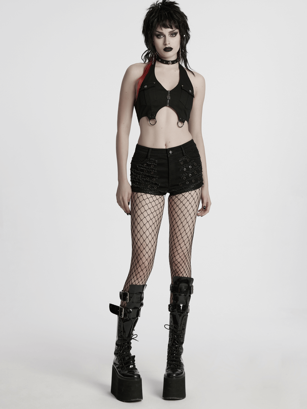 Black Gothic Distressed Denim Shorts with Eyelets