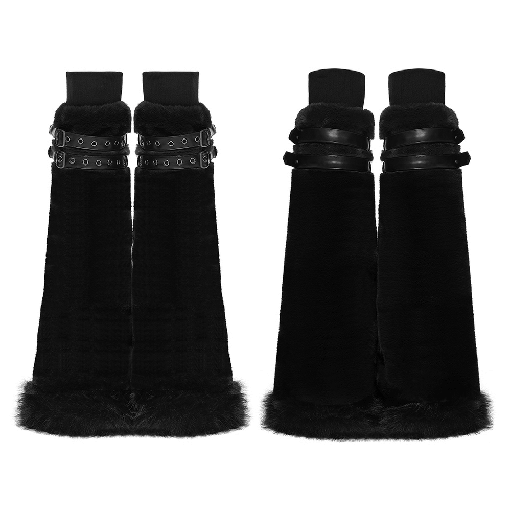 Black Gothic Fur Leg Warmers with Buckle Straps and Trim