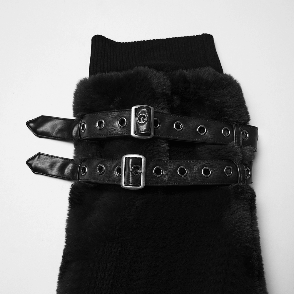Black Gothic Fur Leg Warmers with Buckle Straps and Trim