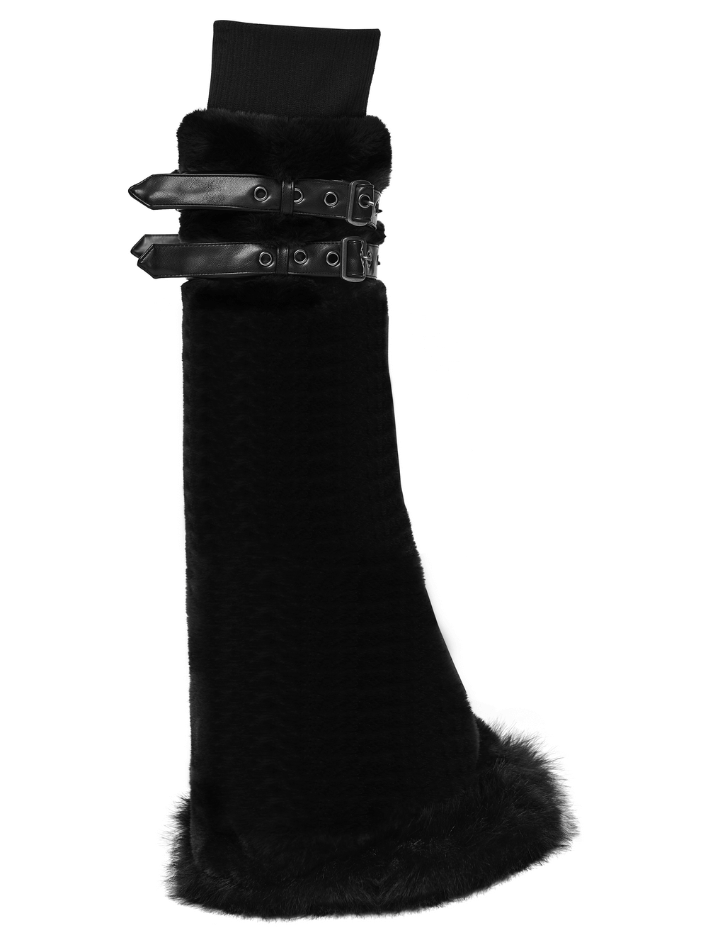 Black Gothic Fur Leg Warmers with Buckle Straps and Trim