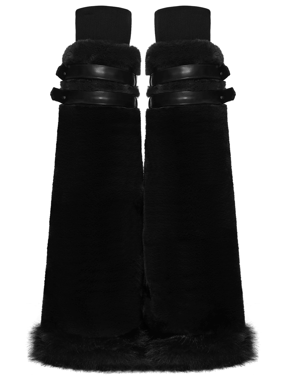 Black Gothic Fur Leg Warmers with Buckle Straps and Trim