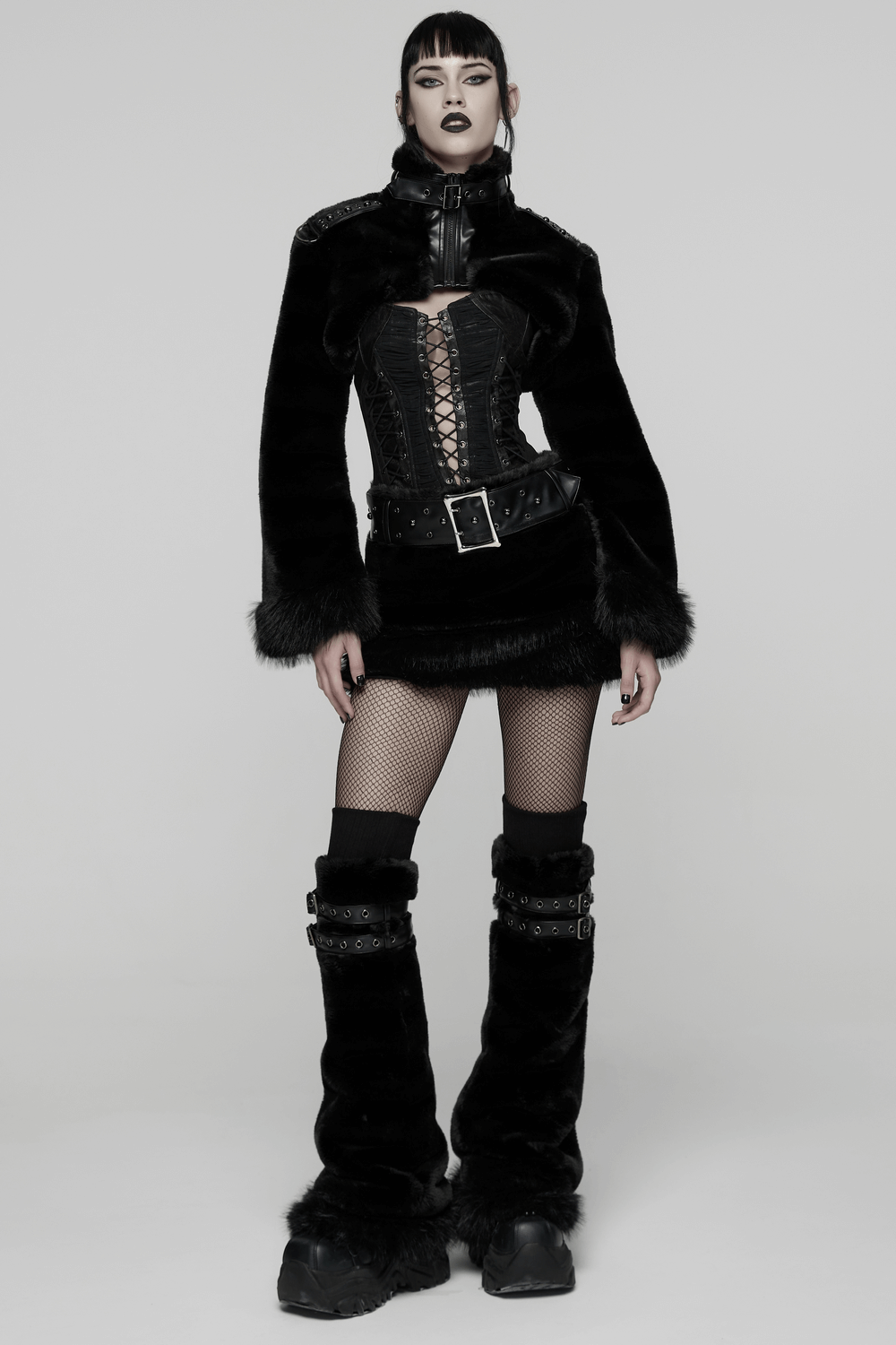 Black Gothic Fur Leg Warmers with Buckle Straps and Trim