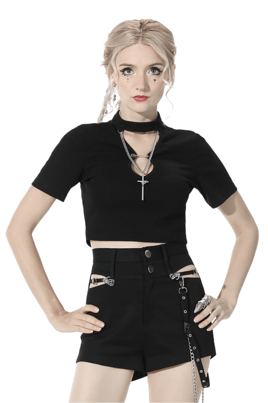 Black Gothic Halter Crop Top with Chain Detail