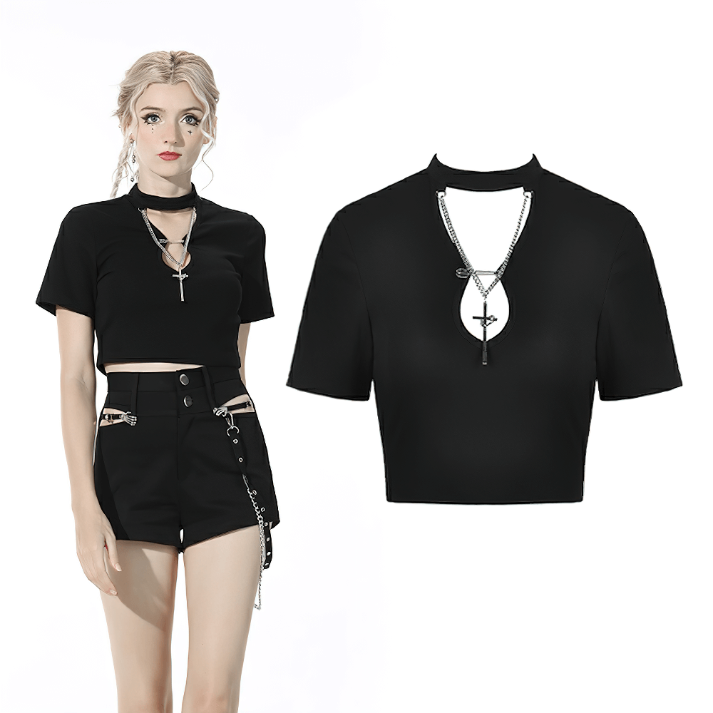 Black Gothic Halter Crop Top with Chain Detail