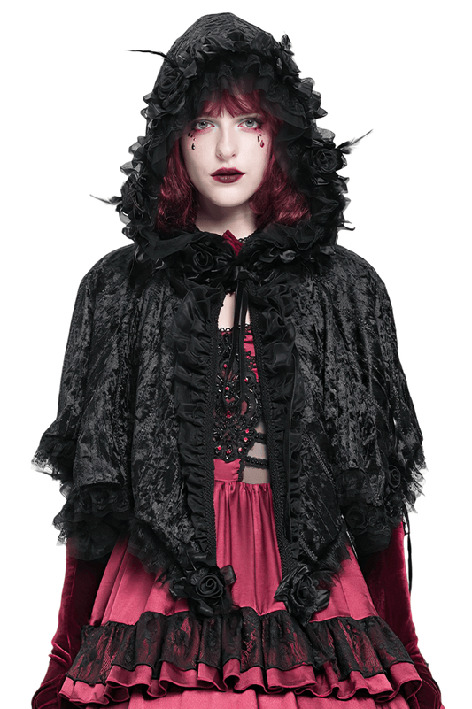 Black Gothic Hooded Lace Cape with Rose Details