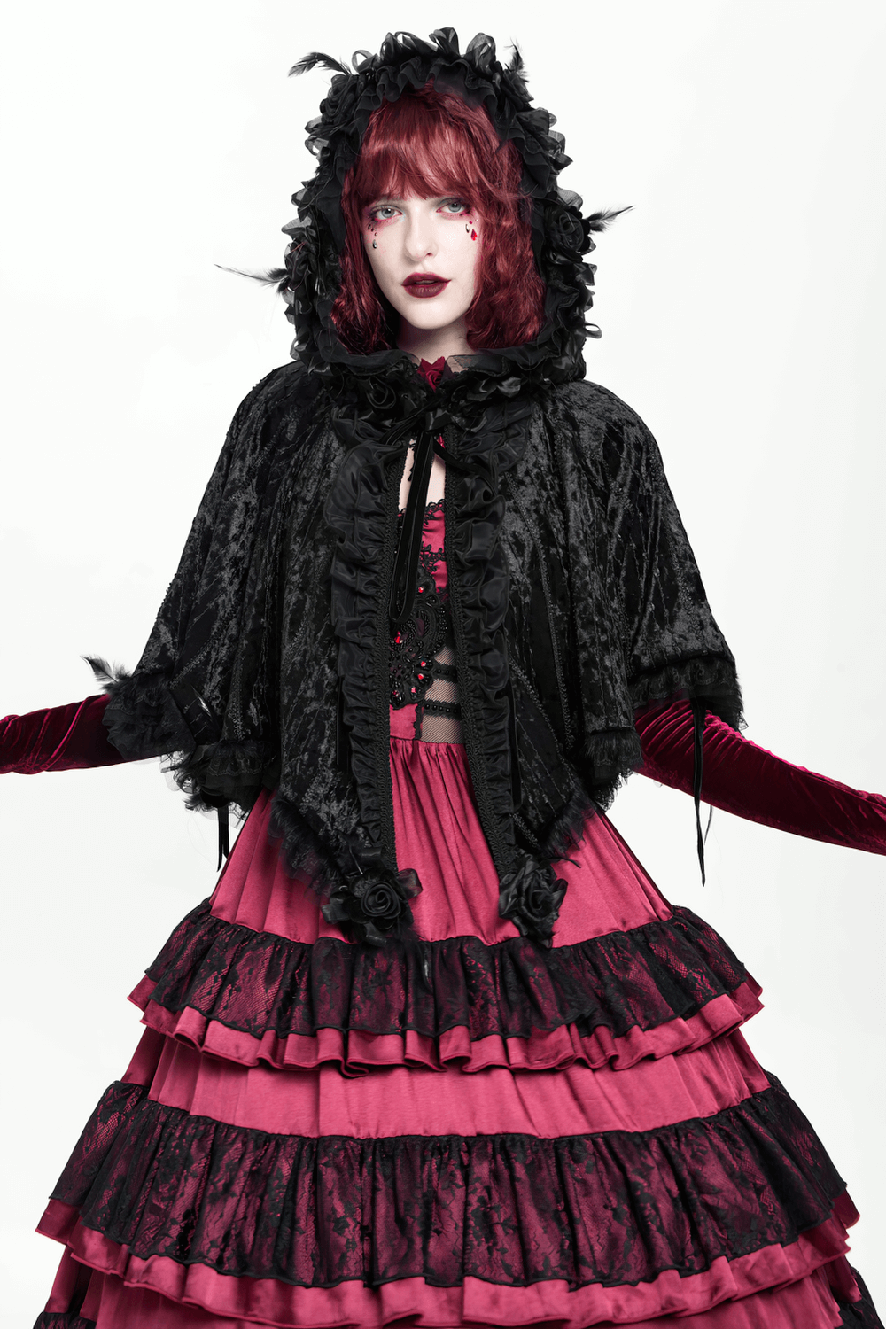 Black Gothic Hooded Lace Cape with Rose Details