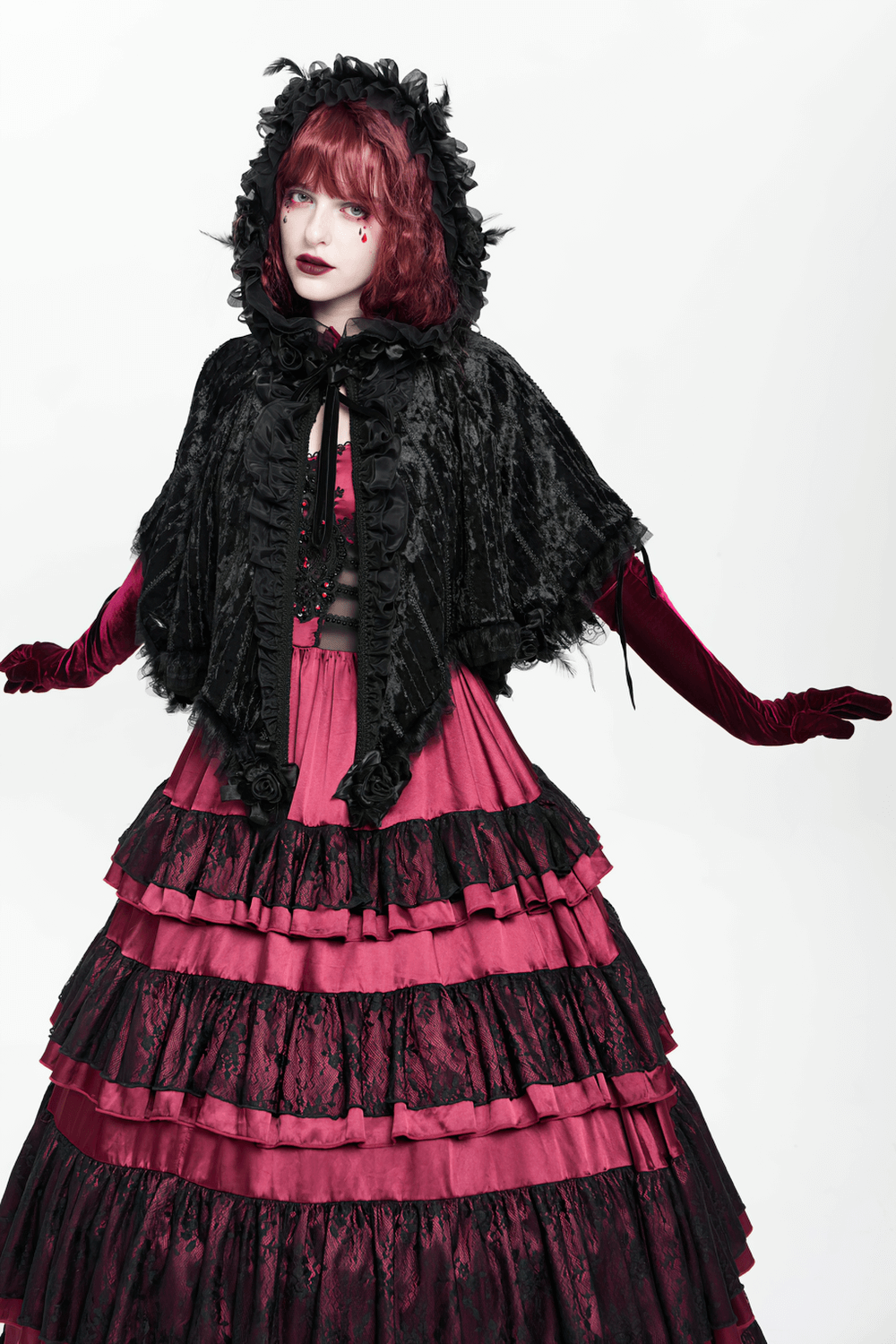 Black Gothic Hooded Lace Cape with Rose Details