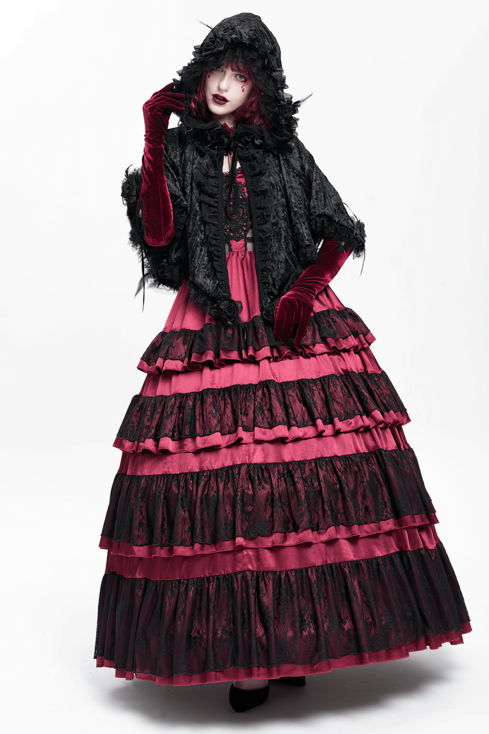 Black Gothic Hooded Lace Cape with Rose Details