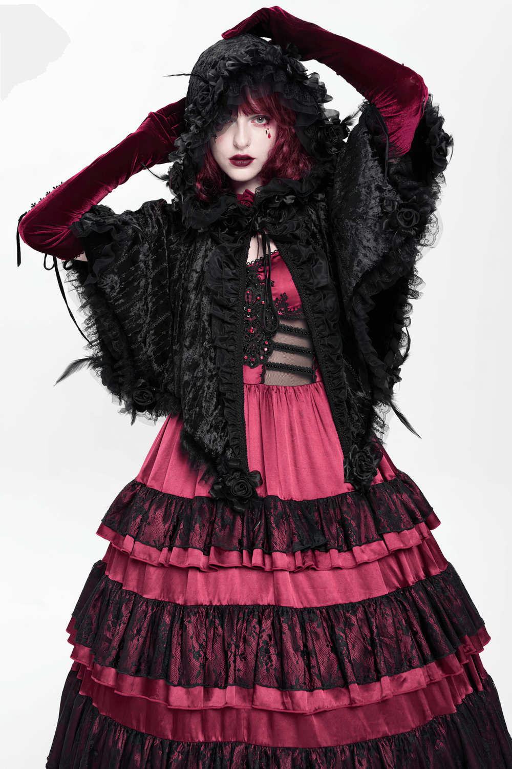 Black Gothic Hooded Lace Cape with Rose Details