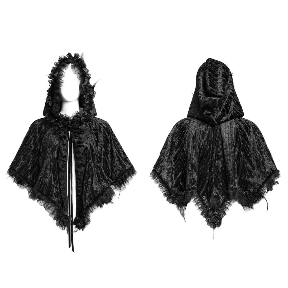 Black Gothic Hooded Lace Cape with Rose Details