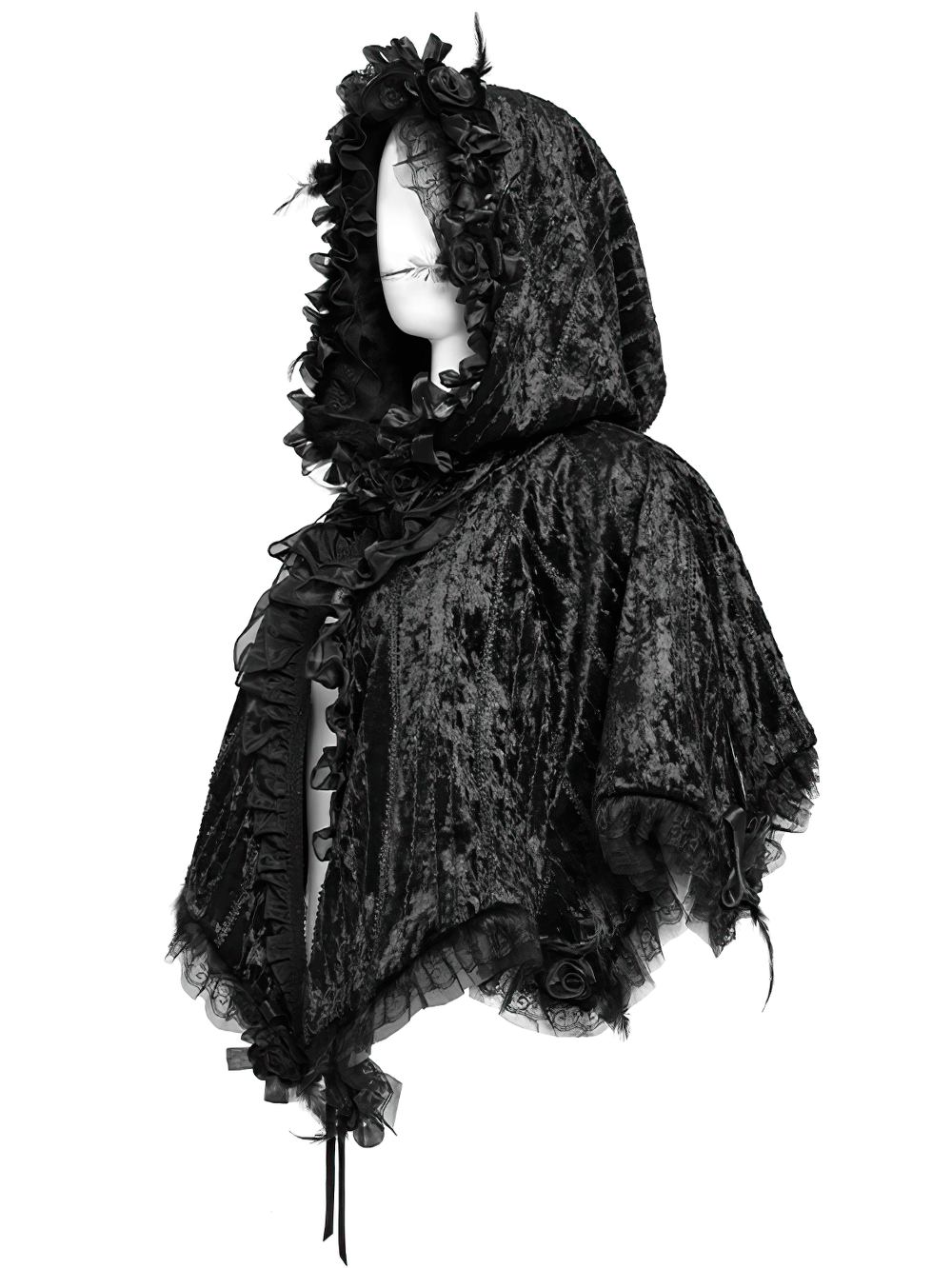 Black Gothic Hooded Lace Cape with Rose Details