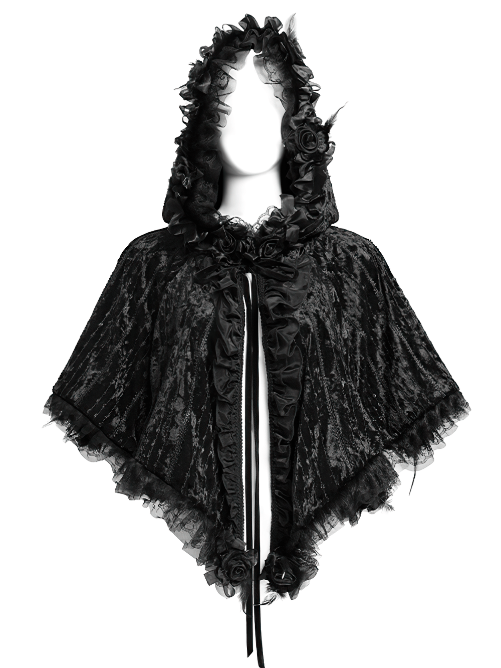 Black Gothic Hooded Lace Cape with Rose Details