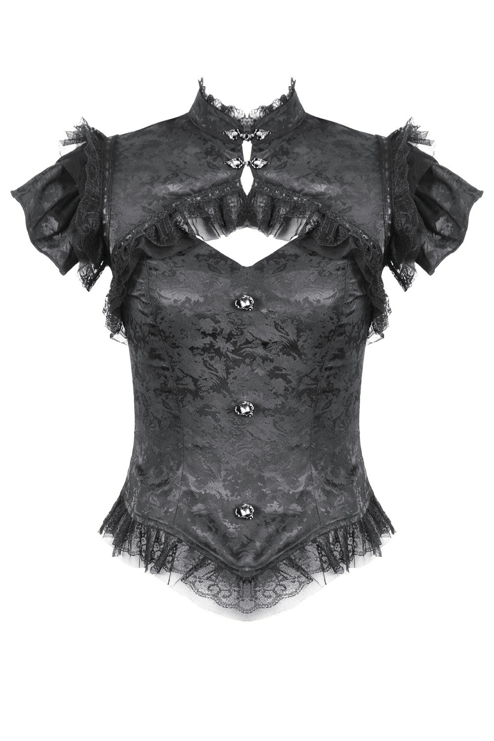 Black Gothic Jacquard Top with Puff Sleeves and Frills