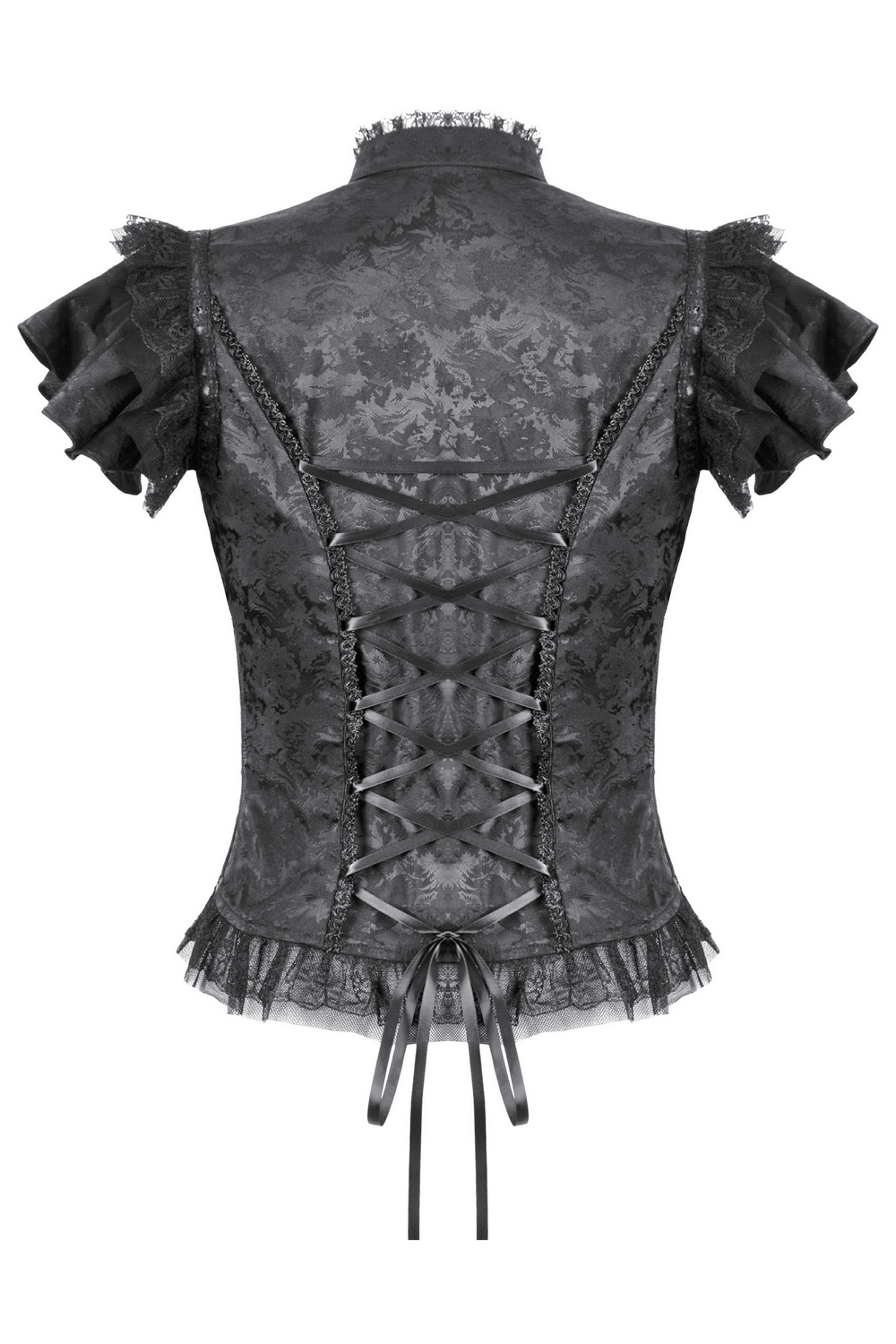 Black Gothic Jacquard Top with Puff Sleeves and Frills