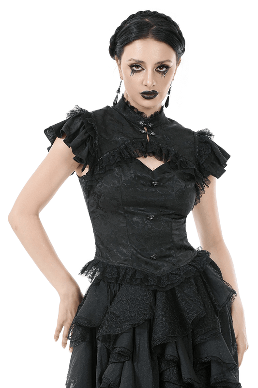 Black Gothic Jacquard Top with Puff Sleeves and Frills