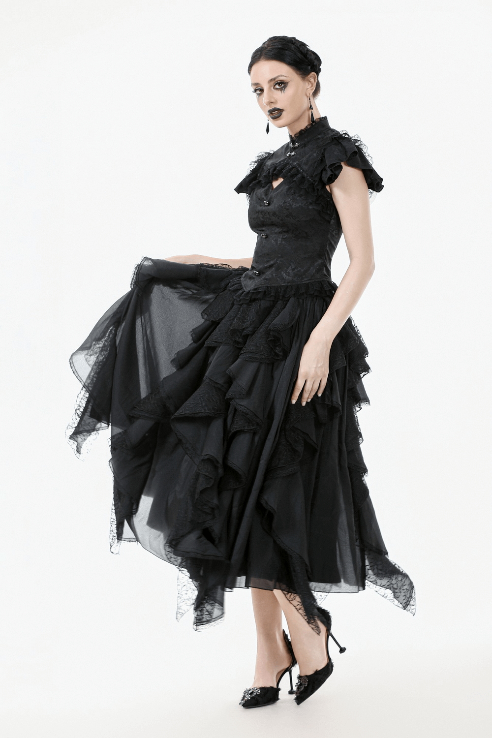 Black Gothic Jacquard Top with Puff Sleeves and Frills