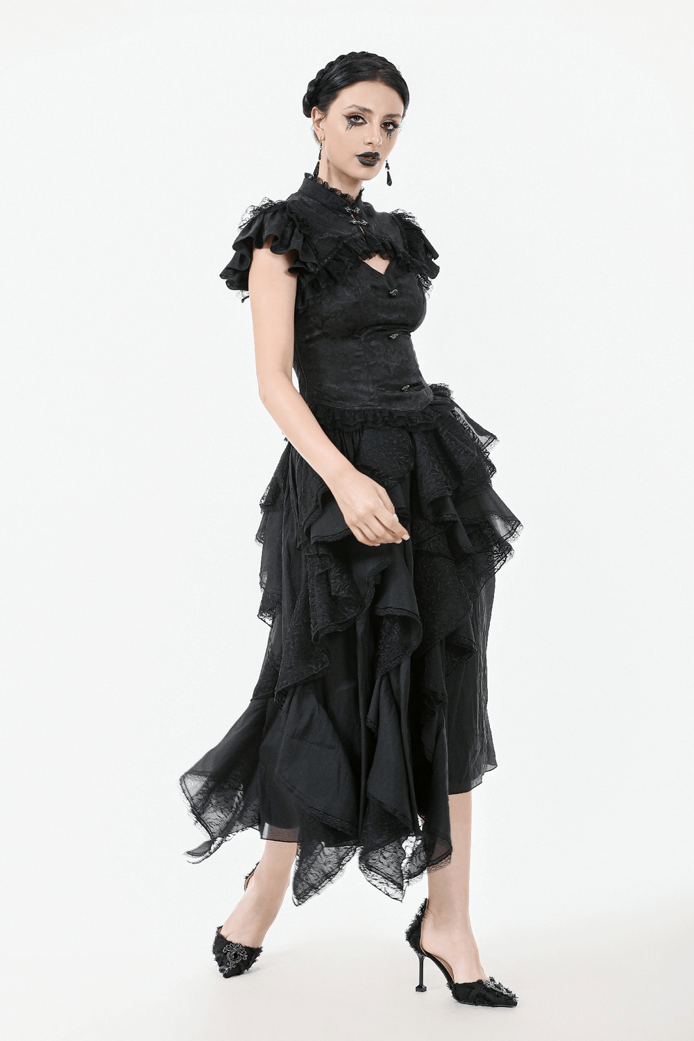 Black Gothic Jacquard Top with Puff Sleeves and Frills