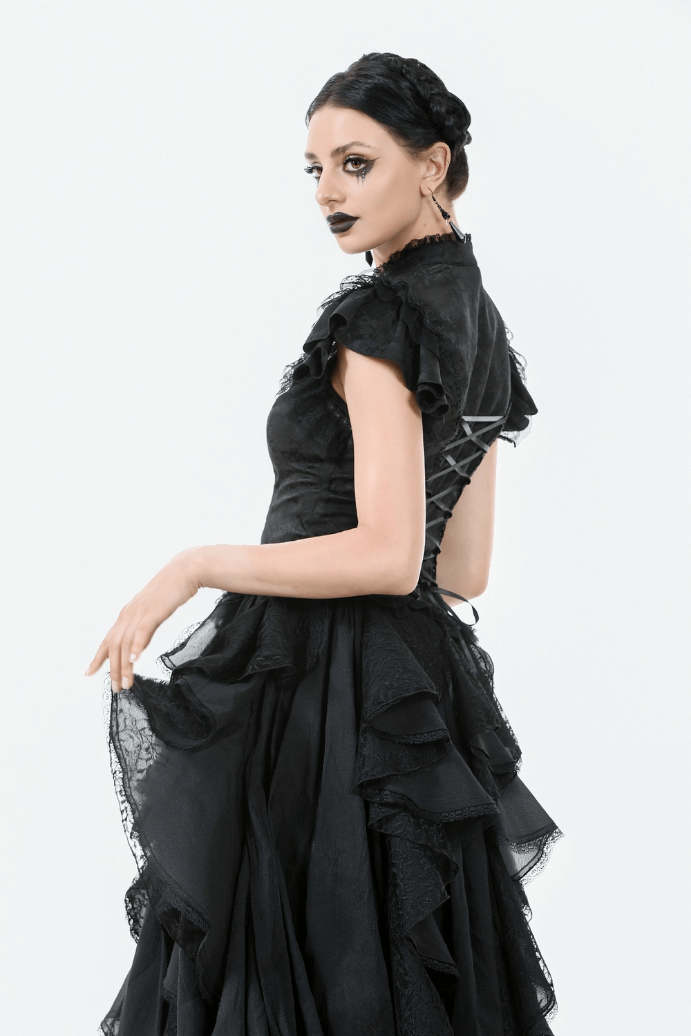 Black Gothic Jacquard Top with Puff Sleeves and Frills