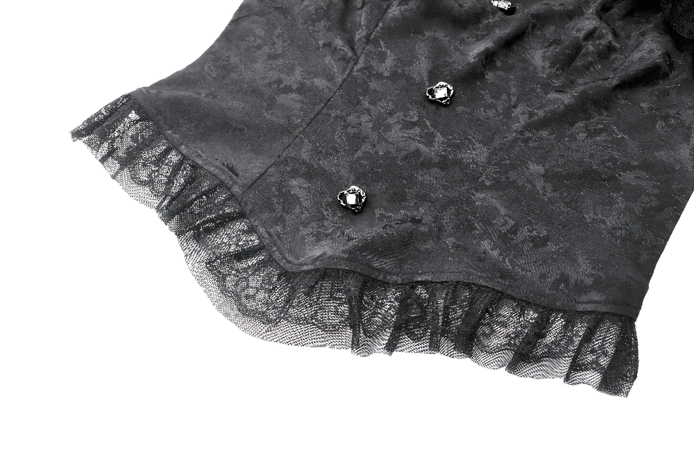 Black Gothic Jacquard Top with Puff Sleeves and Frills