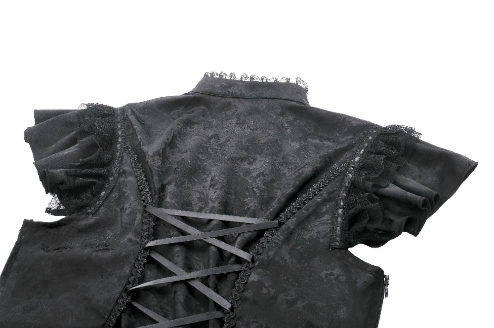 Black Gothic Jacquard Top with Puff Sleeves and Frills