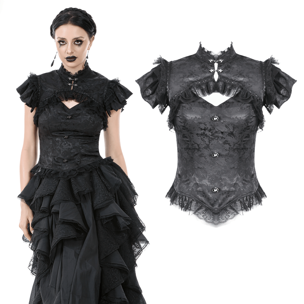 Black Gothic Jacquard Top with Puff Sleeves and Frills