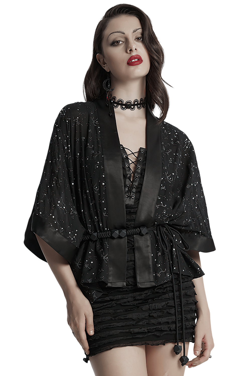 Black Gothic Kimono Cape with Starry Print and Waist Tie