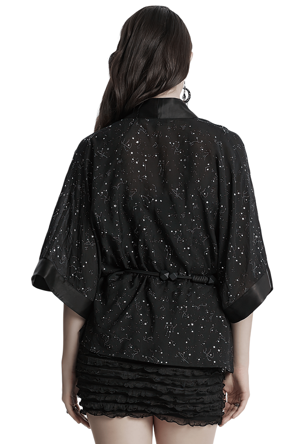 Black Gothic Kimono Cape with Starry Print and Waist Tie