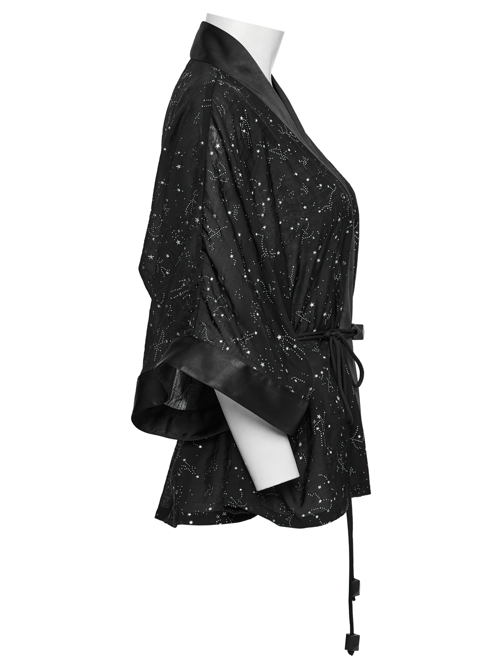 Black Gothic Kimono Cape with Starry Print and Waist Tie