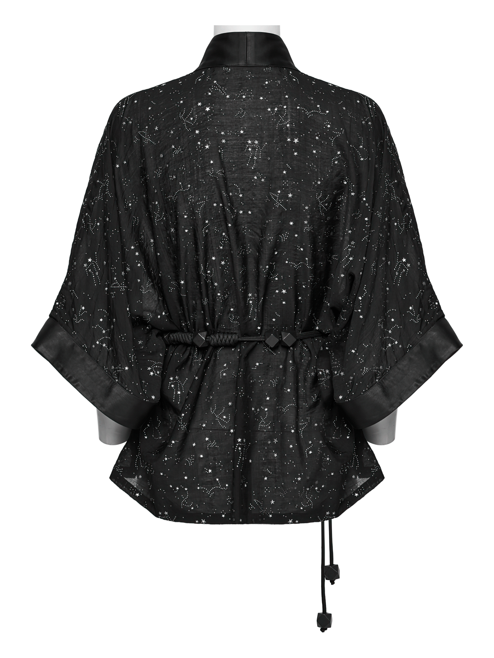 Black Gothic Kimono Cape with Starry Print and Waist Tie