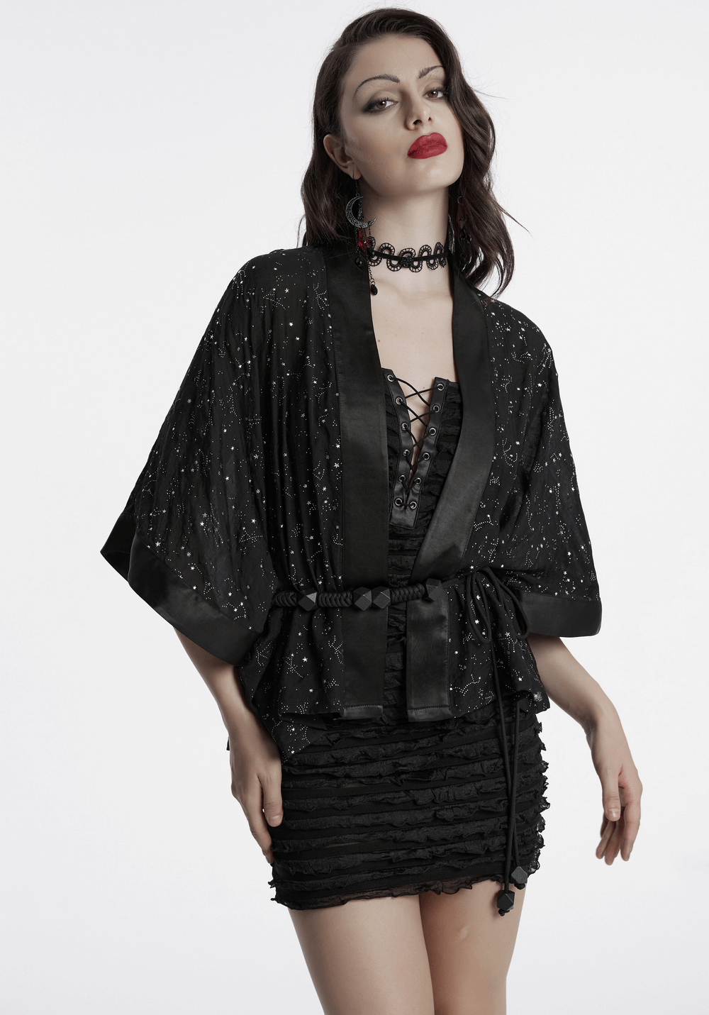Black Gothic Kimono Cape with Starry Print and Waist Tie