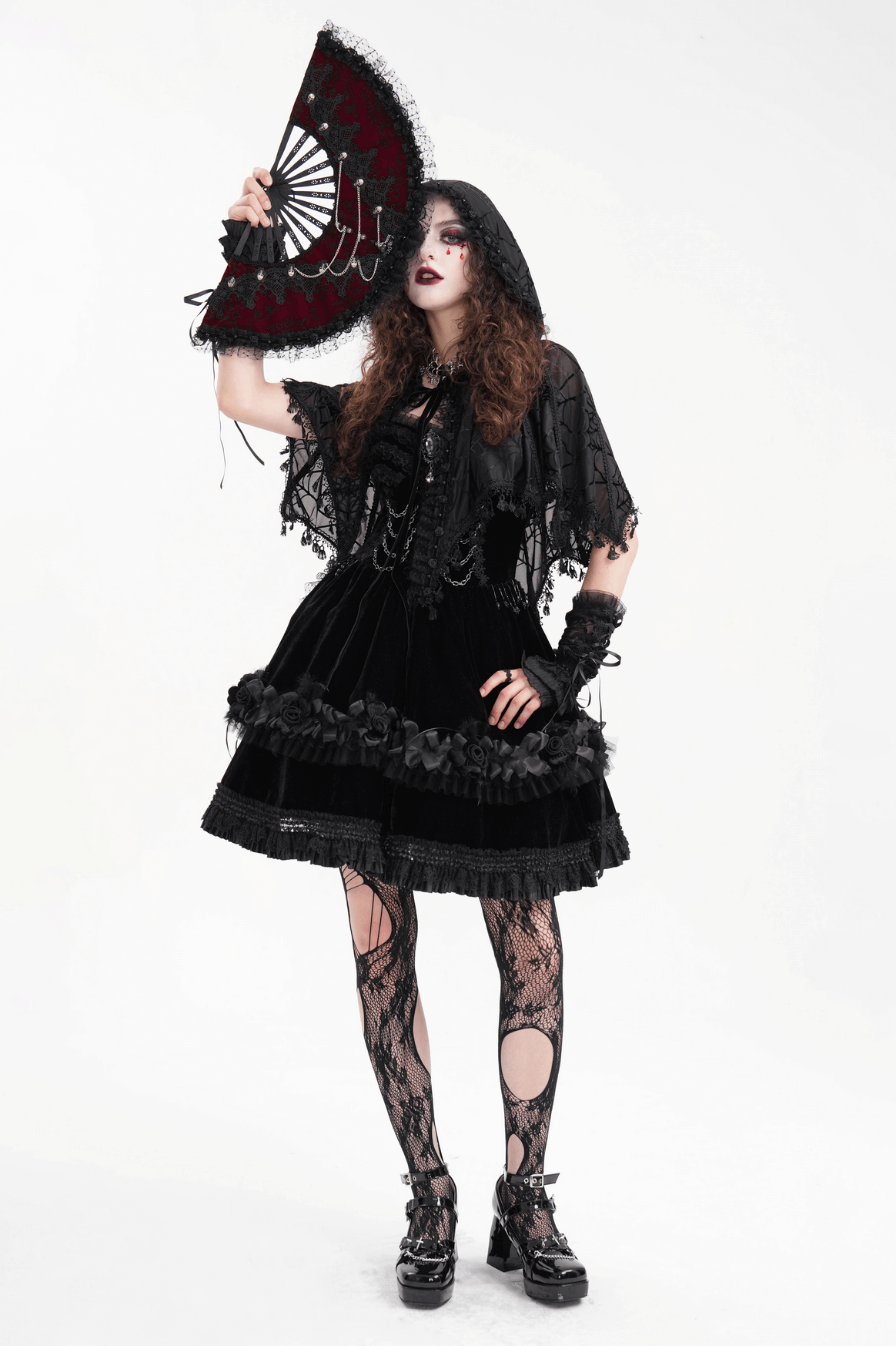 Black Gothic Lace Cape with Hood and Tassels for Women