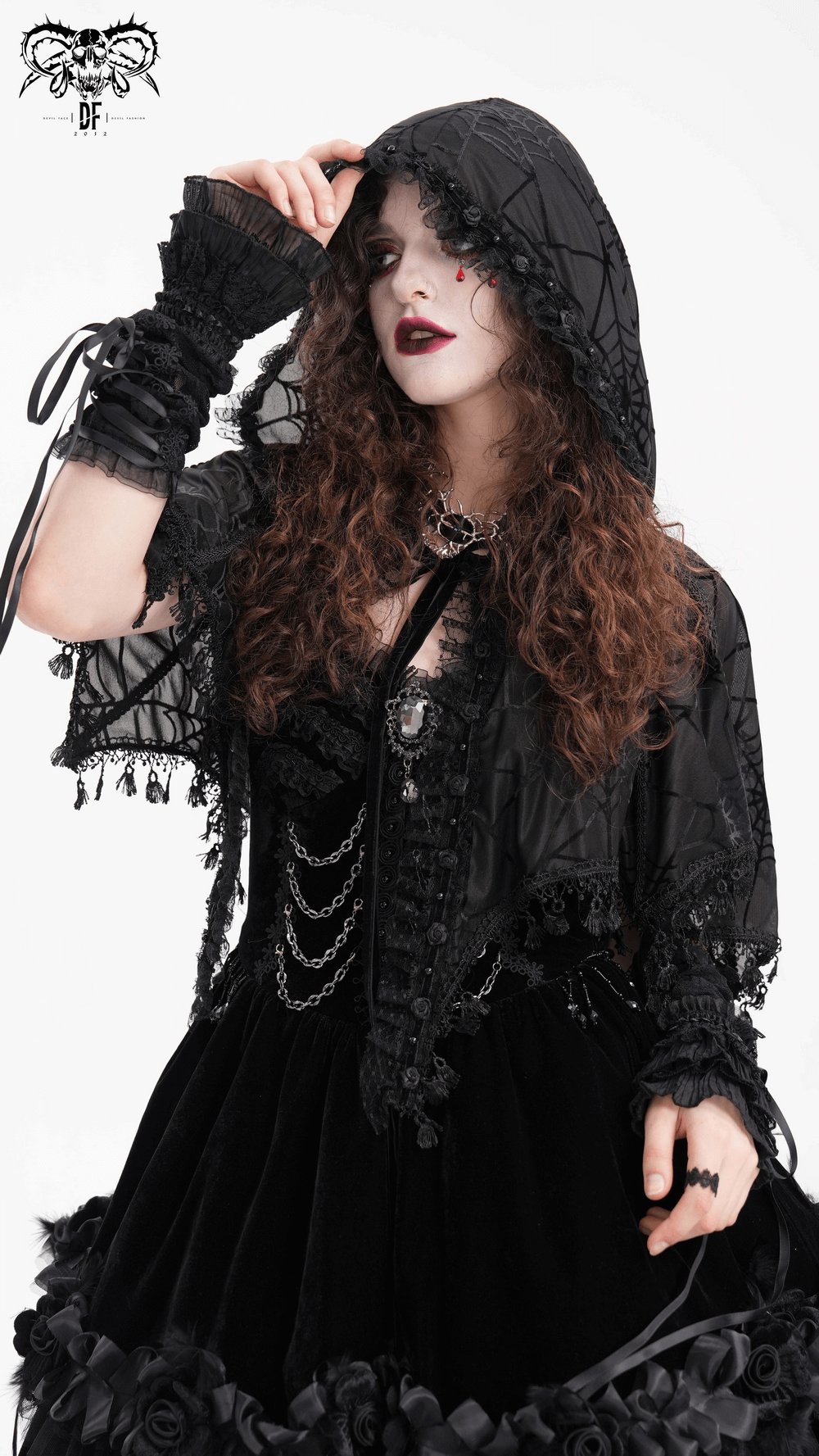 Black Gothic Lace Cape with Hood and Tassels for Women