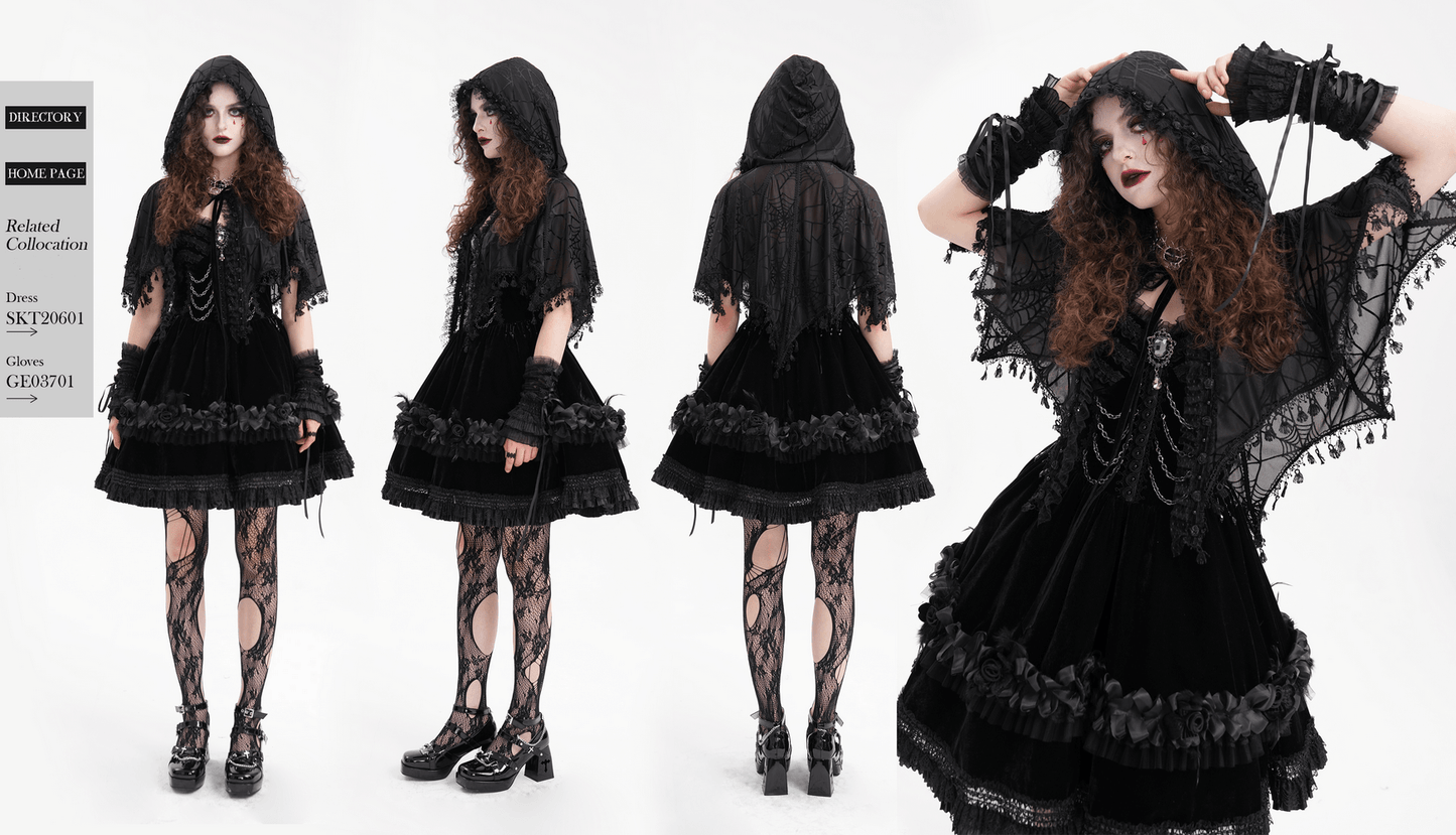 Black Gothic Lace Cape with Hood and Tassels for Women