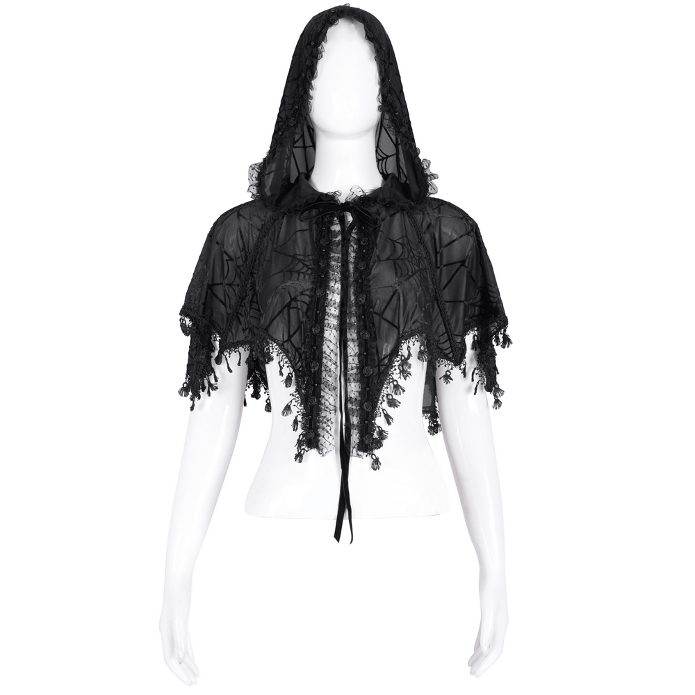 Black Gothic Lace Cape with Hood and Tassels for Women