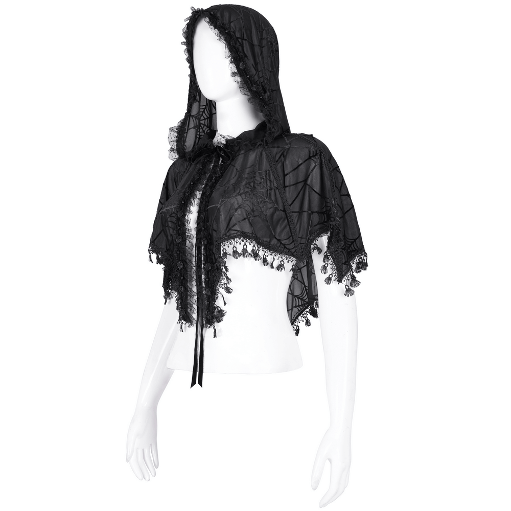 Black Gothic Lace Cape with Hood and Tassels for Women