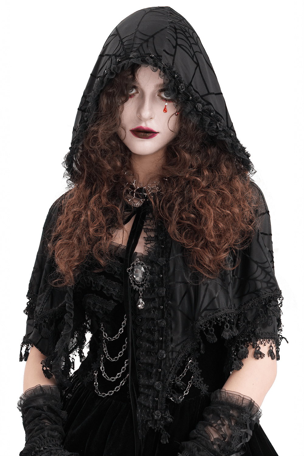 Black Gothic Lace Cape with Hood and Tassels for Women
