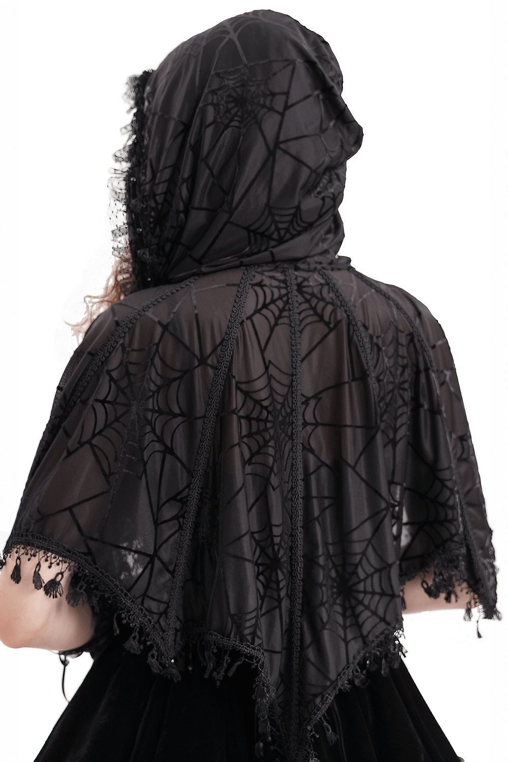 Black Gothic Lace Cape with Hood and Tassels for Women