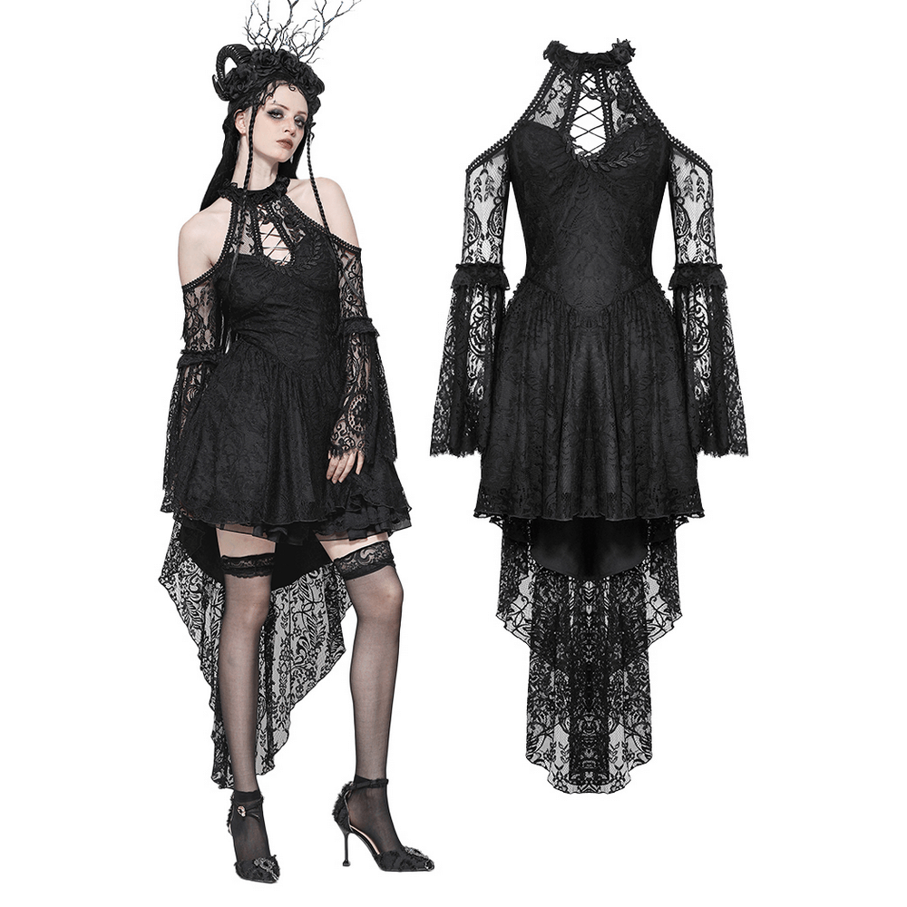 Black Gothic Lace Cutout Dress with Heart Detail and Ruffles