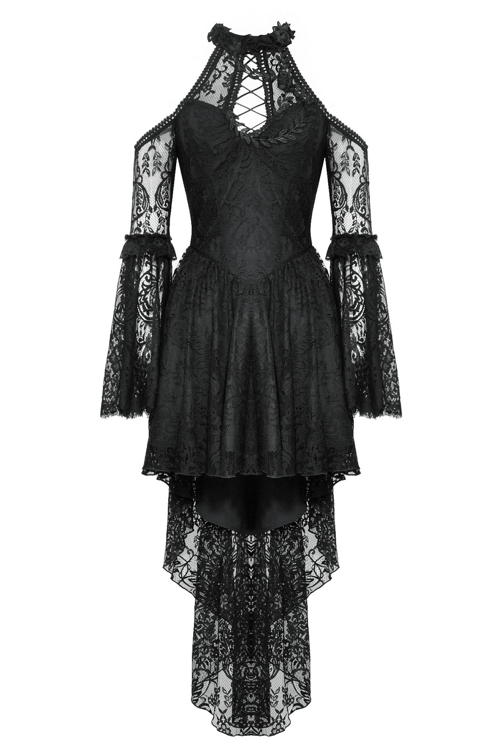 Black Gothic Lace Cutout Dress with Heart Detail and Ruffles